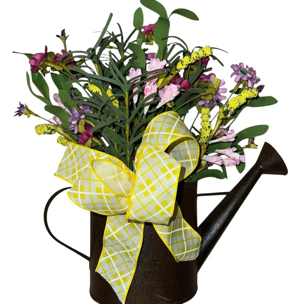 Charming Brown metal Watering Can with Floral Arrangement and sunny bow!